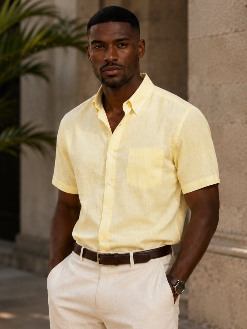 Club Room Pale Yellow Stretch Shirt Men's Large Short Sleeve Button Down
